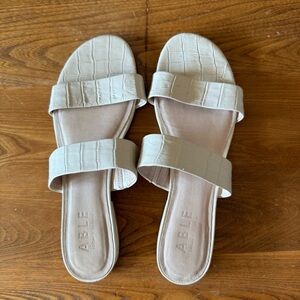 ABLE Ivory Croc-Embossed Double-Strap Slides